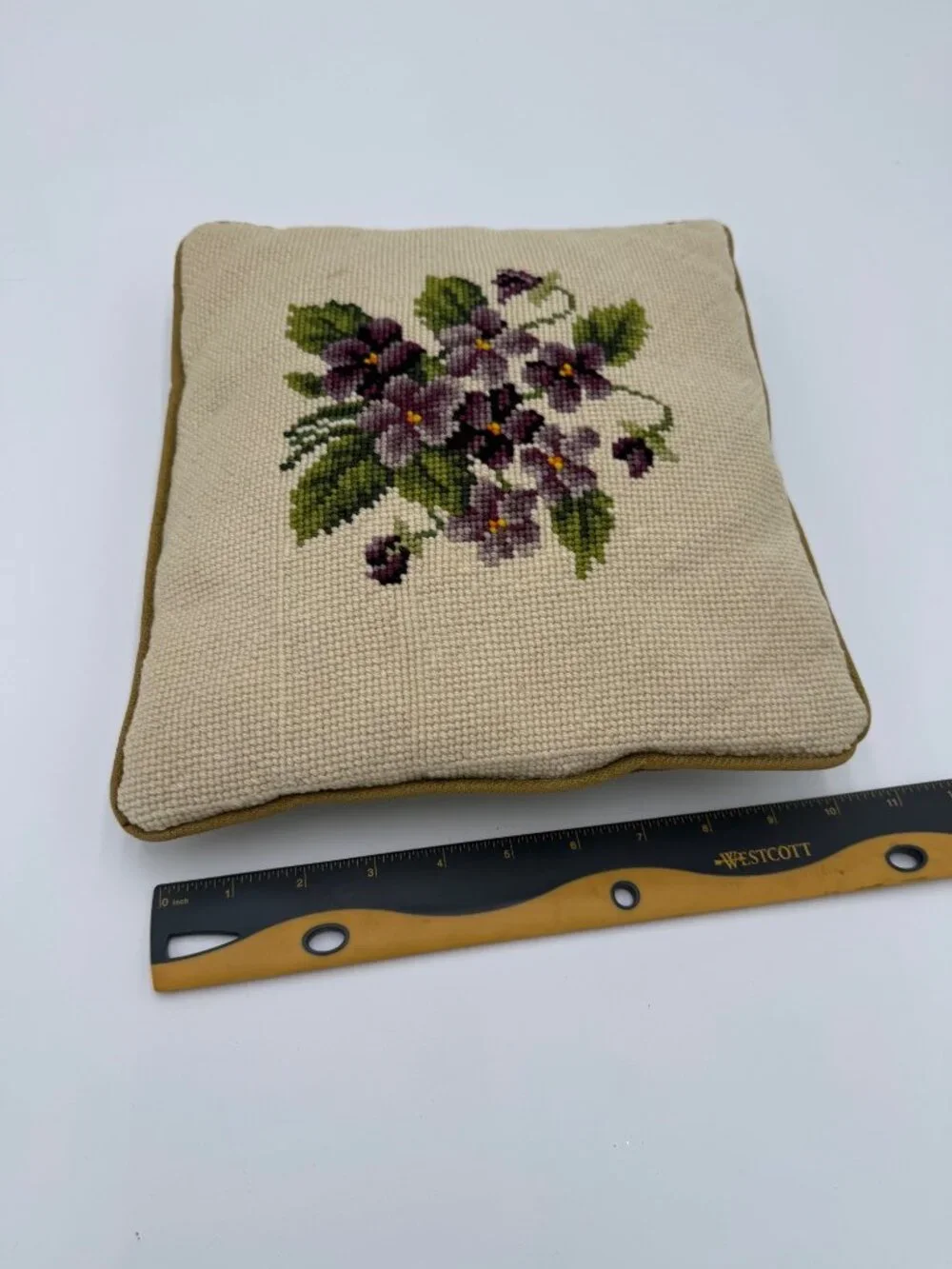 Vintage Needlepoint Floral Throw Pillow Velvet Back Square Cushion 10